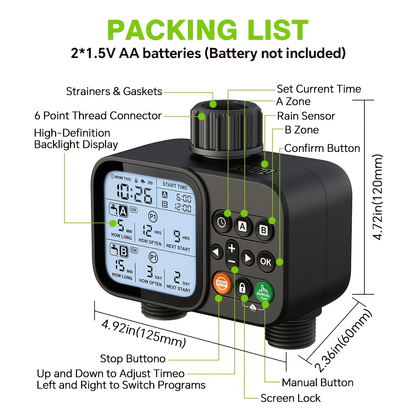 Automatic Drip Irrigation Timer Smart Garden Watering Controller 2-Zone, for Garden, Lawn and Yard Watering