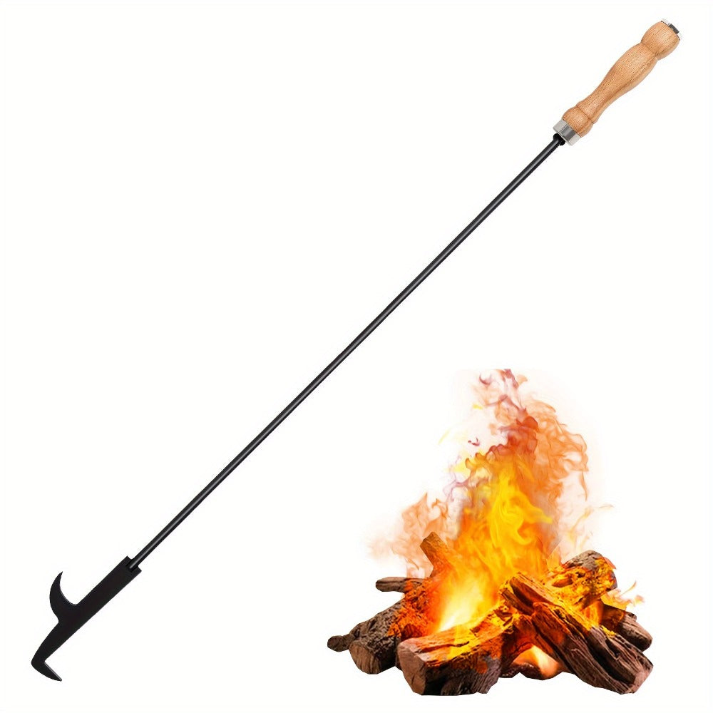 Fire Pit Poker 32 Inch, Wrought Iron Fire Poker Stick with Wooden Handle and Barb Hook, Collapsible Campfire Poker for Fireplace