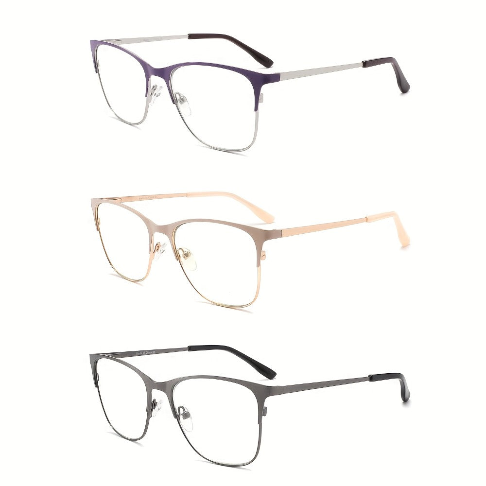 Reading Glasses – Three-Pair Rectangular Metal Readers with Polycarbonate Lenses with Multiple Strength and Color Options