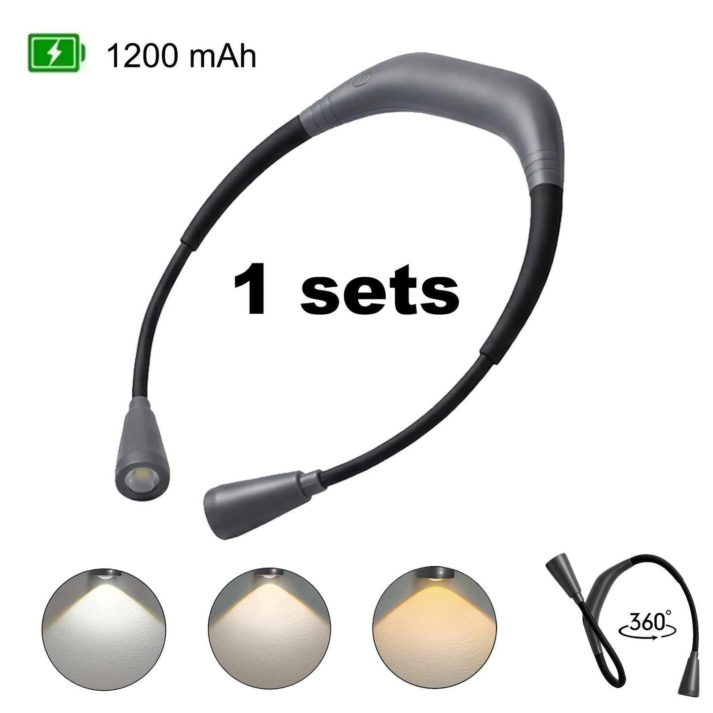 LED Neck Reading Light USB Rechargeable, 3 Color Modes Adjustable Brightness Hands-Free Book Light for Reading in Bed