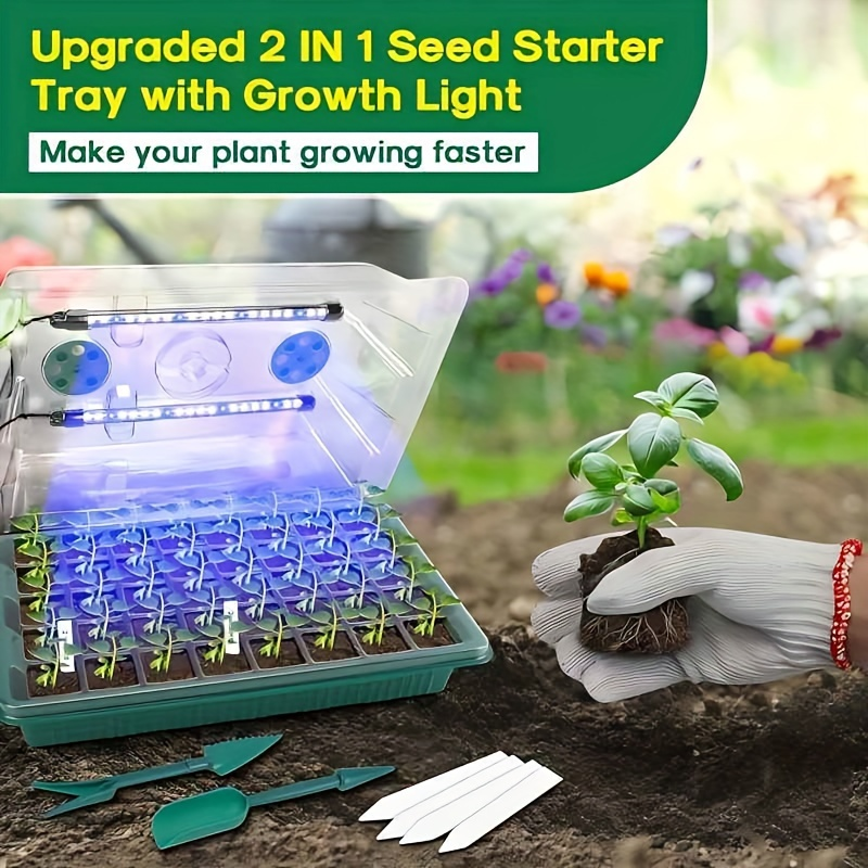 Seed Starting Tray Kit 4-Set 160 Cells High Dome | 8 LED Grow Lights Smart Timer 3 Modes 5 Brightness | Indoor Greenhouse Germination
