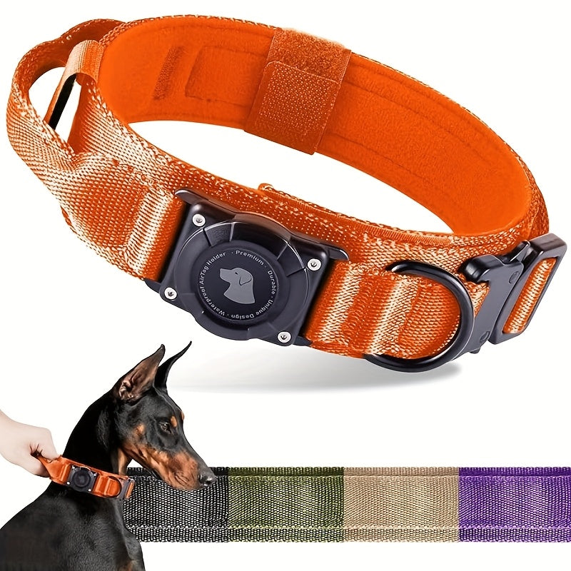 Tactical Dog Collar with Handle and Round Tracker Holder Case in Nine Colors and Sizes M to XL