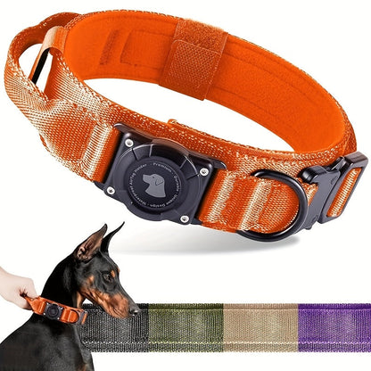 Tactical Dog Collar with Handle and Round Tracker Holder Case in Nine Colors and Sizes M to XL