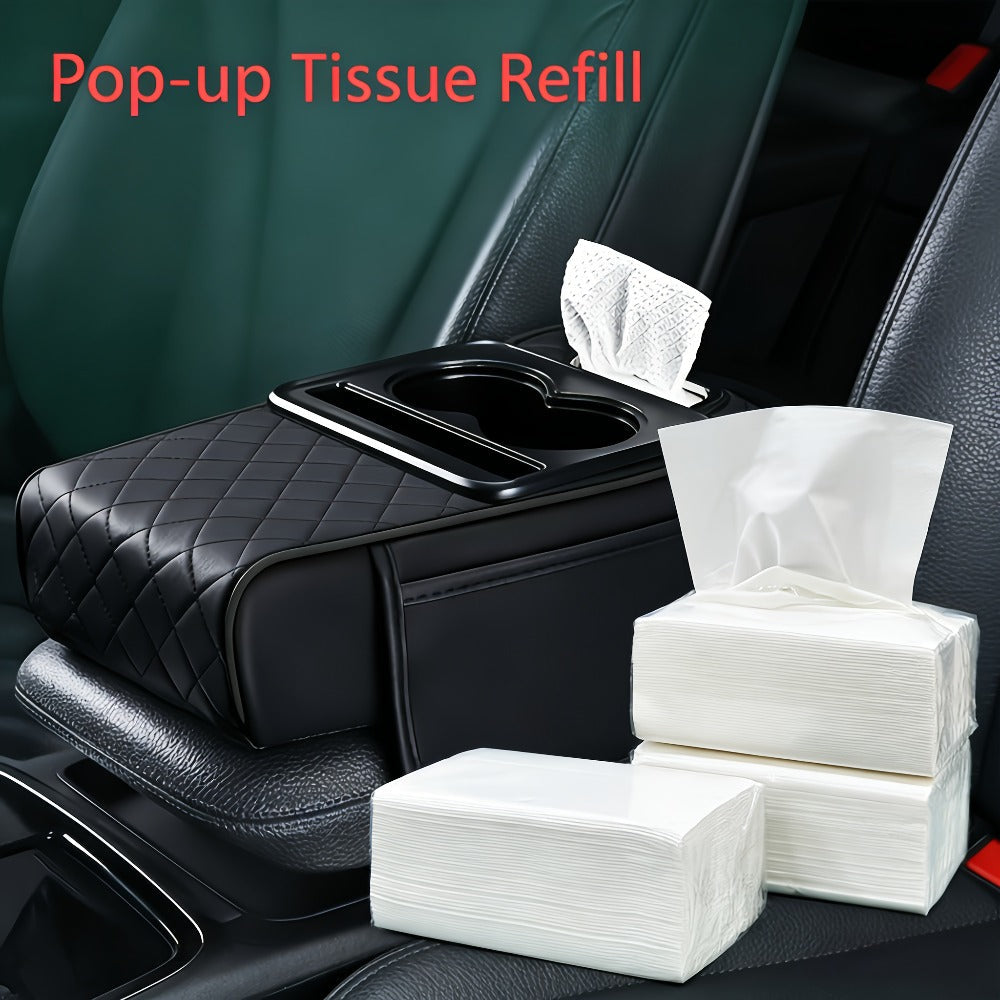 Car Center Console Cover PU Leather – Universal Armrest Box Mat with 2 Cup Holders & 2 Side Pockets, Phone & Card Storage