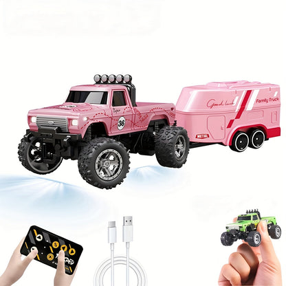 Mini RC Truck Toy 1:64 Scale 2.4GHz Off-Road Alloy Crawler with Detachable Trailer Body Lights & LED Headlights