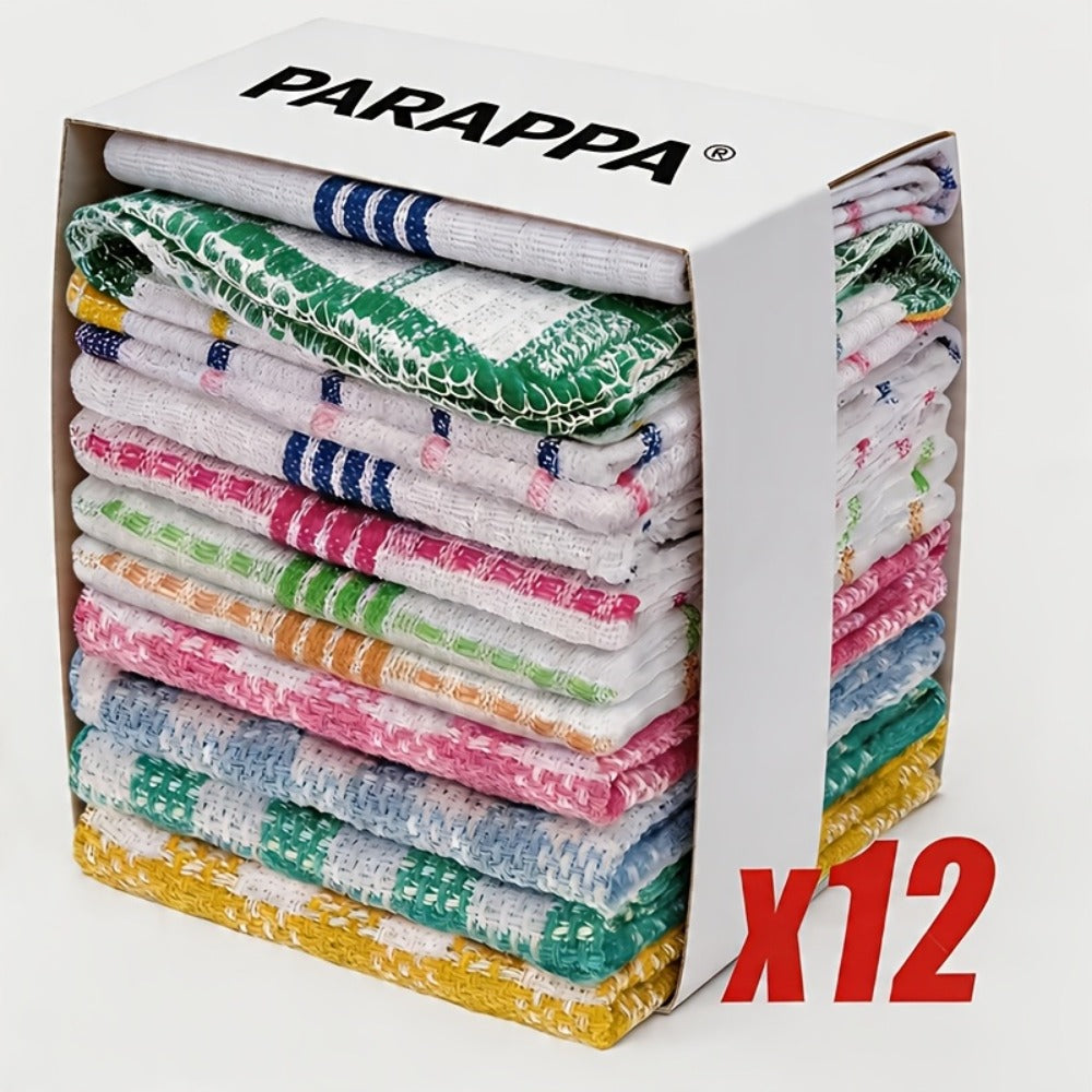 Twelve-Piece Waffle-Weave Kitchen Dishcloth Set, 12 x 12 Inches Each with Mixed Plaid Colors