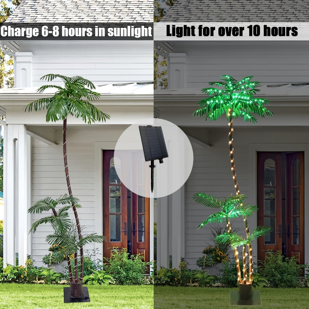 Solar Powered Artificial Palm Tree 7ft Triple Trunk 260 LED Lights 8 Modes Dimmable Timer for Entryways, Bedrooms and Living Spaces