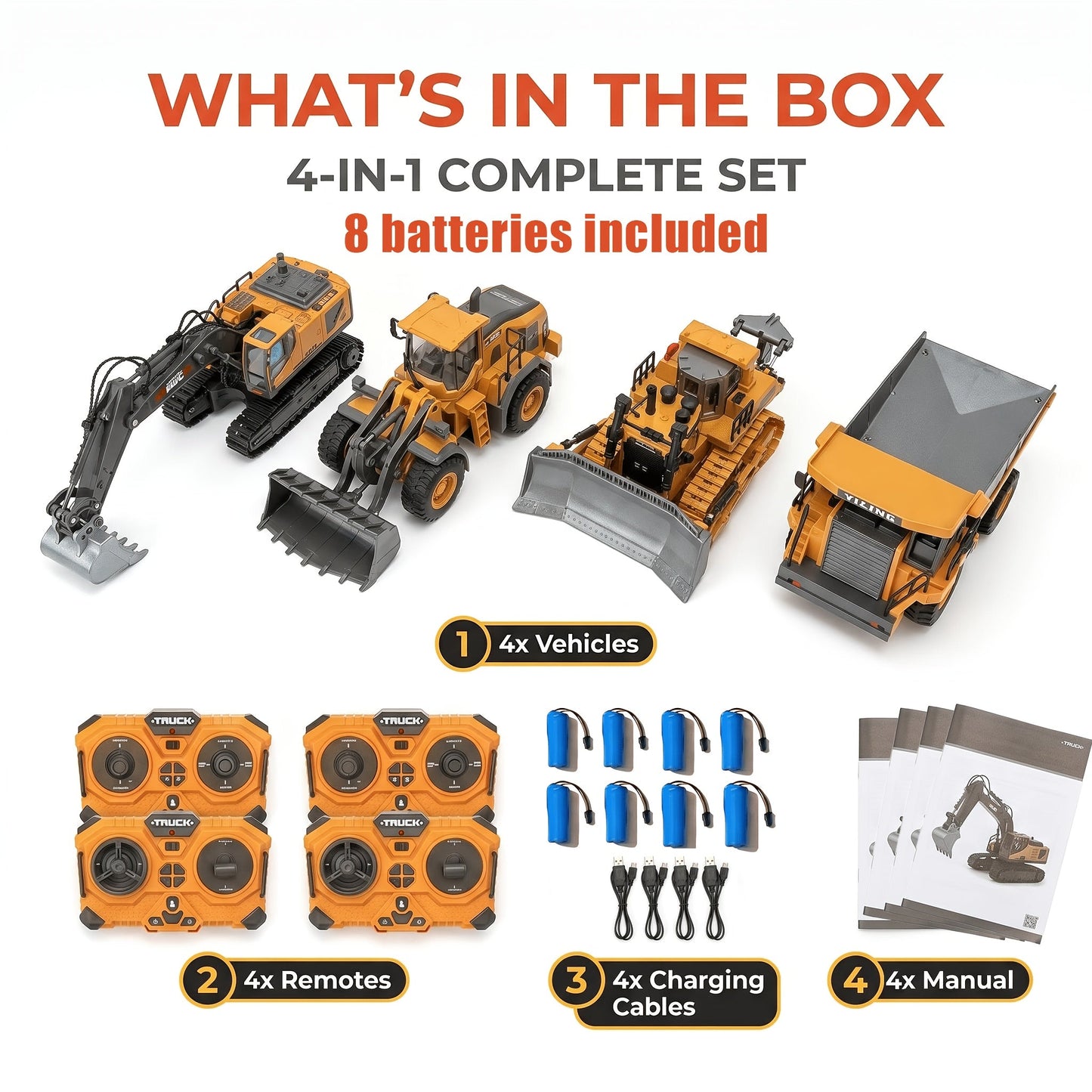 RC Engineering Vehicle Set 11-Channel 2.4GHz, 2-in-1 & 4-in-1 Remote Control Excavator Dump Truck Bulldozer