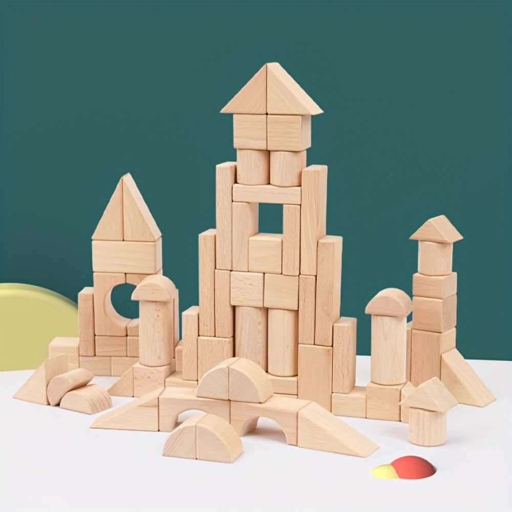 Natural Beech Wood Blocks 100 Piece Unpainted Solid Wooden Building Set, STEM Logical Thinking Toy for Kids Ages 3-12