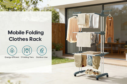 Clothes Drying Rack 4-Tier Foldable Metal Laundry Rack with Rolling Casters, Holds 30+ Garments, Adjustable Shelf Heights