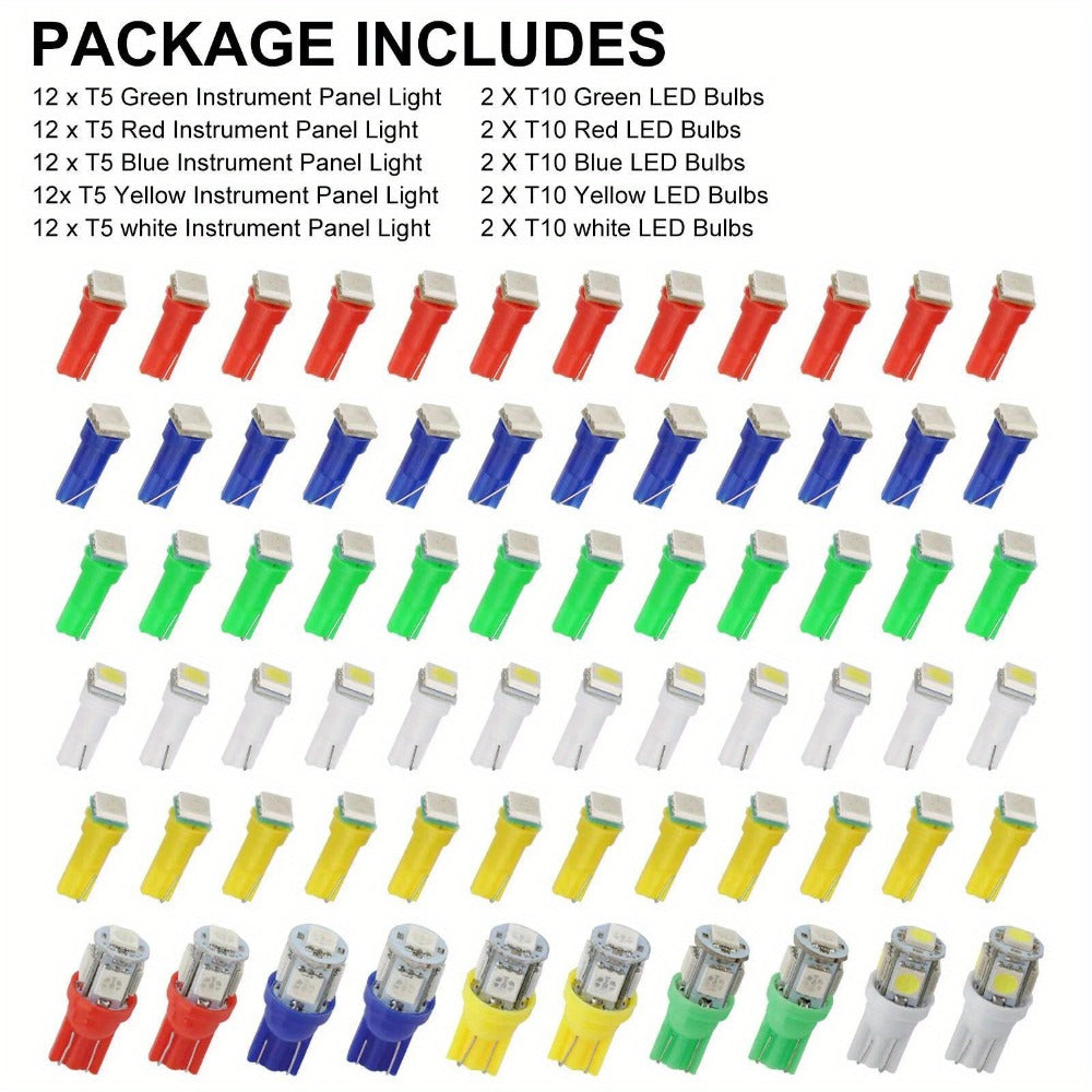 LED Instrument Panel Lights 70Pcs – T10 T5 12V Dashboard Bulb Kit, Multi-Color Green Red White Blue Yellow Interior Lighting for Cars