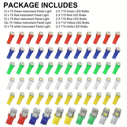 LED Instrument Panel Lights 70Pcs – T10 T5 12V Dashboard Bulb Kit, Multi-Color Green Red White Blue Yellow Interior Lighting for Cars