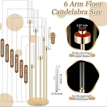 Floor Candelabra 6-Arm 46 Inch Gold Metal Candlestick Set with 12pcs LED Candles & Acrylic Shades