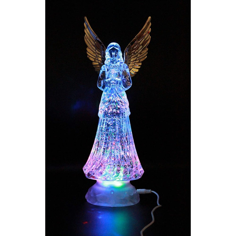 Angel LED Snow Globe Water Lamp 12 Inch - Color Changing Glitter Golden Wings Timer for Entryways, Bedrooms and Living Spaces
