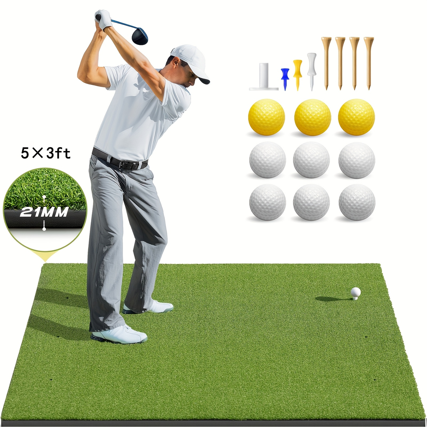 Golf Hitting Mat with Artificial Turf & Non-Slip EVA Base, Indoor Outdoor Golf Practice Mat Set with 9 Golf Balls 8 Tees & Rubber Tee