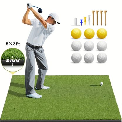 Golf Hitting Mat with Artificial Turf & Non-Slip EVA Base, Indoor Outdoor Golf Practice Mat Set with 9 Golf Balls 8 Tees & Rubber Tee