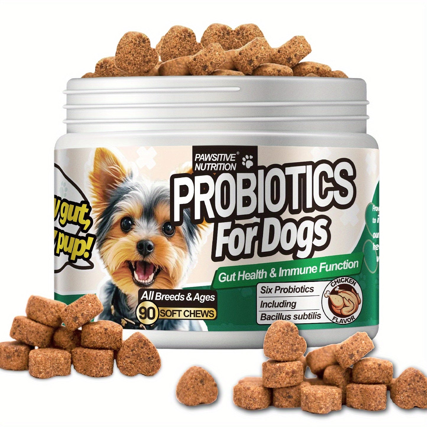 Dog Probiotic Soft Chews, Chicken Flavor, 90-Count Bottle with One- or Three-Bottle Checkout Options