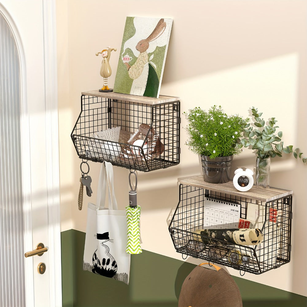 Stackable Metal Wire Fruit Basket with Lid, 1 or 2-Tier Hanging Kitchen Pantry Storage Bin