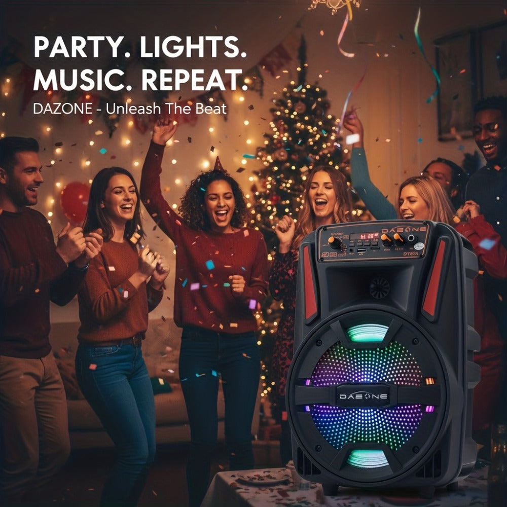8-Inch Bluetooth Party Speaker with LED Lights & Wired Microphone, TWS Stereo Bass Boost, FM Radio