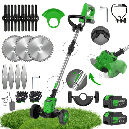 Cordless Lawn Mower 3-in-1 Electric Trimmer Weed Eater Edger Bush Cutter 21V Dual Battery Adjustable for Garden, Patio and Yard Use