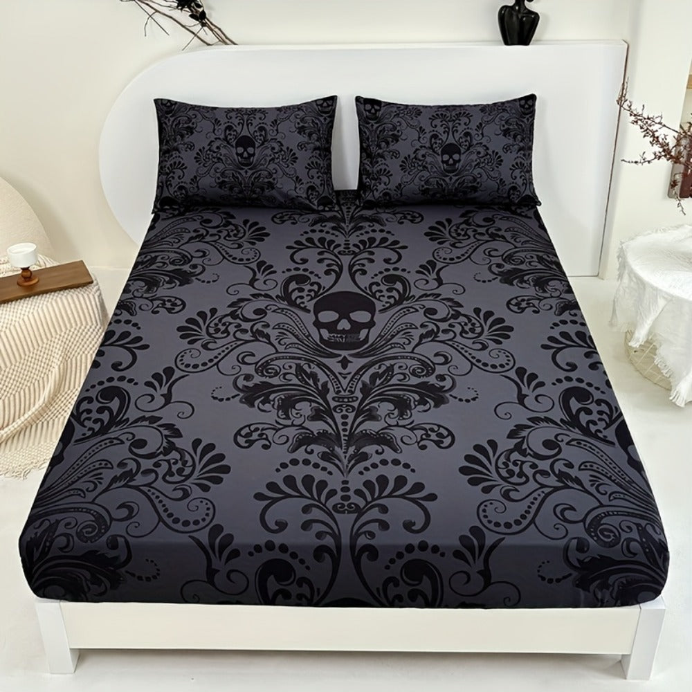 Gothic Skull Fitted Sheet Set 3-Piece, Victorian Baroque Halloween Bedding, 1 Deep Pocket Fitted Sheet + 2 Pillowcases