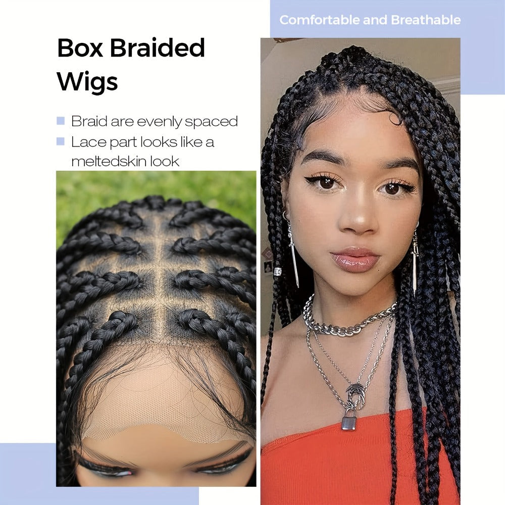 Extra-Long Natural Black Braided Wig with Full Lace Cap and 40-Inch Straight Box Braids for Styling