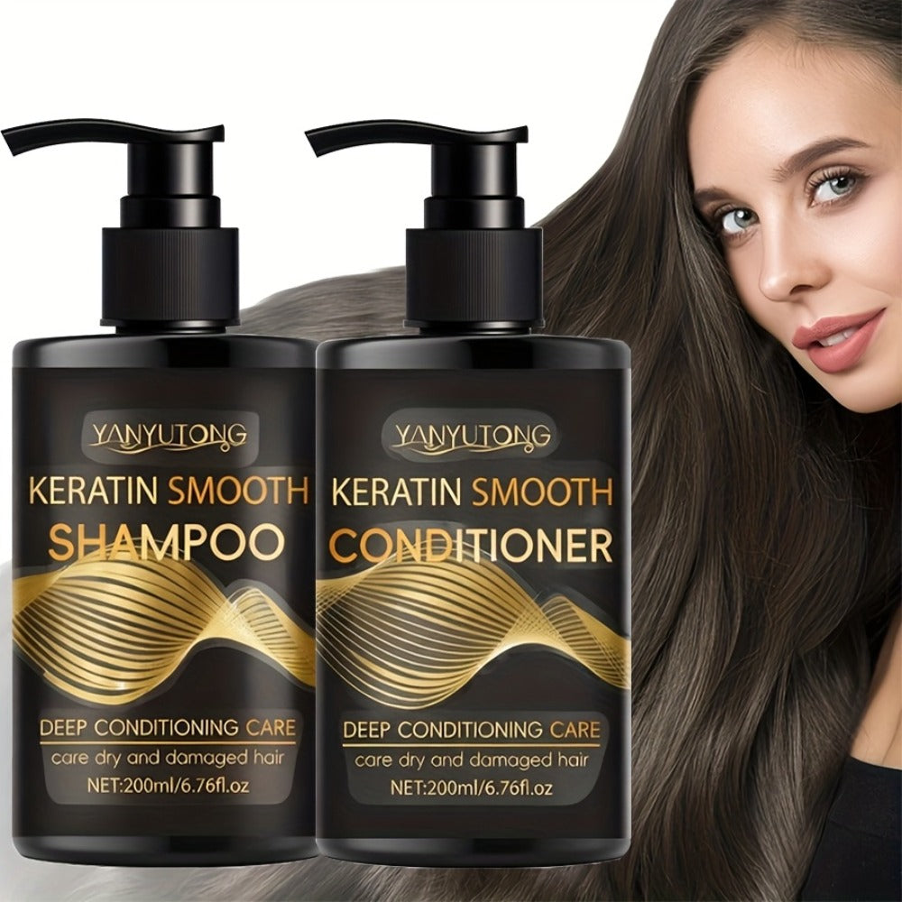 Keratin Shampoo and Conditioner Set 400ml, Breakage Split Ends & Anti-Frizz, Silky Smooth Hair for Color-Treated Heat-Damaged Hair