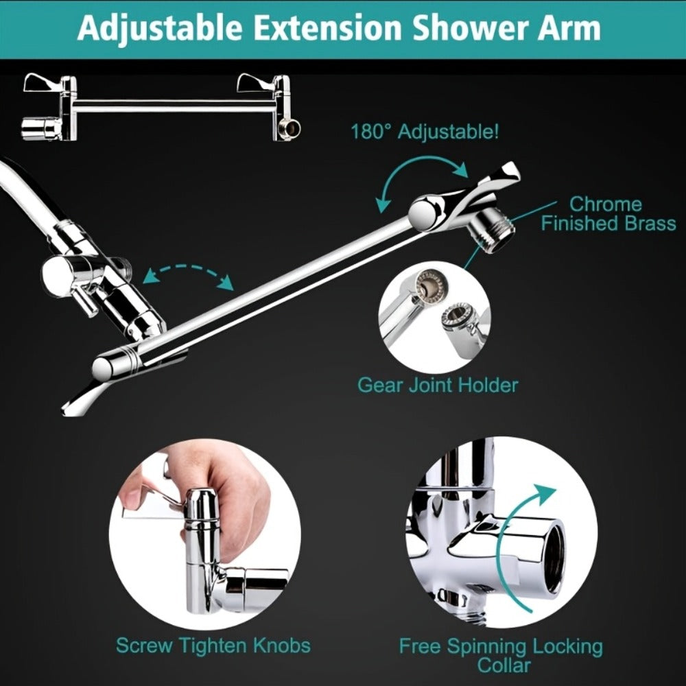 Rainfall Handheld Shower Combo 9-Setting, High Pressure 11" Extension Arm Leak-Proof Wall Mount 8 10 12 Inch Chrome Black