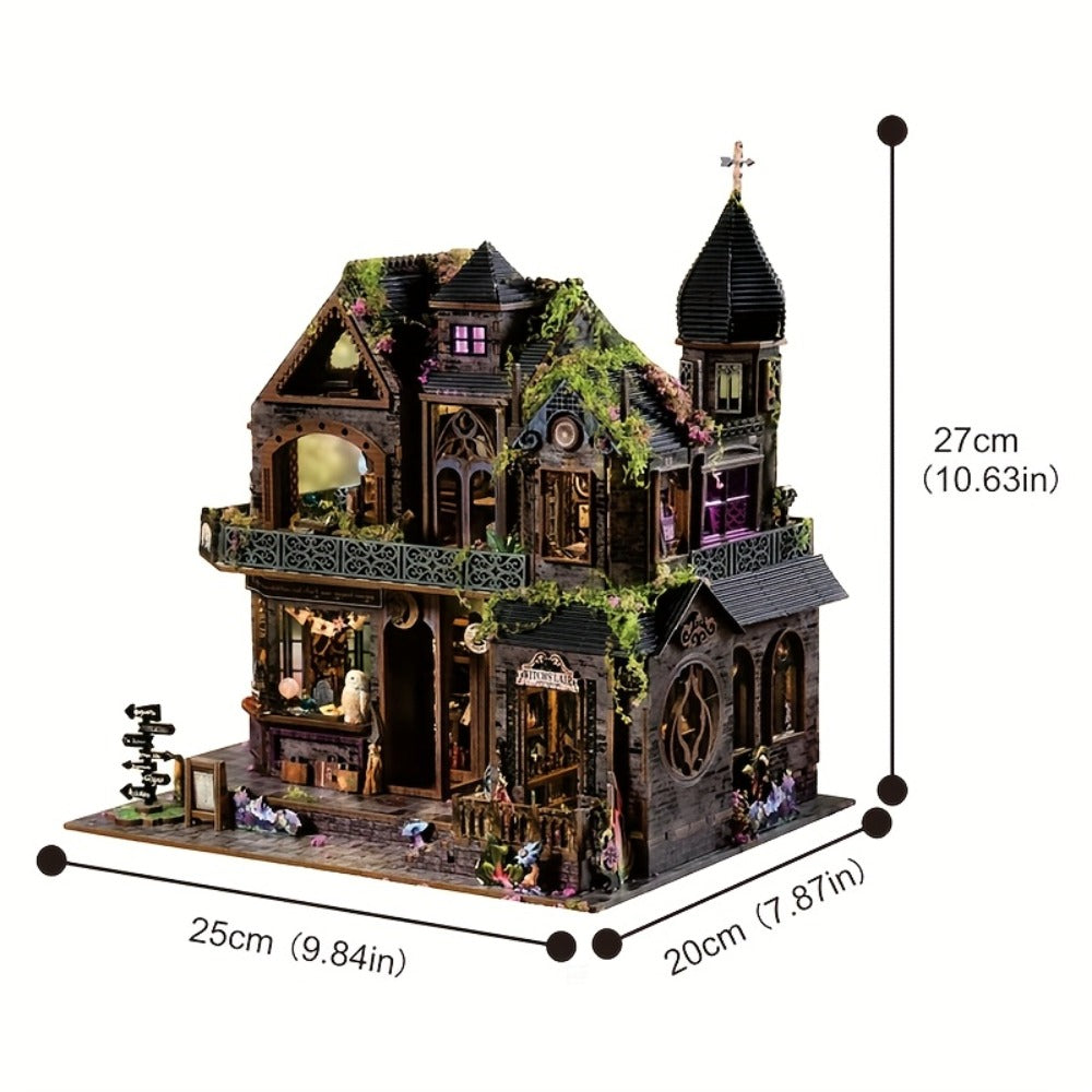 3D Wooden Puzzle Magic Castle Model Kit – DIY Assembly with Owl, Magic Hat & Flowers, Bookshelf Desk Decoration
