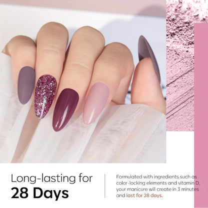 Dip Powder Nail Kit with NOCIS Label, Four Nude Pink Glitter Powders, Three 10ml Liquids and Four Tools