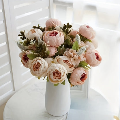 Faux Peonies Hydrangeas Artificial Flowers Vintage Silk Bouquet – Pink Green Mix Floral Centerpiece for Bridal Wedding Home Table Decor