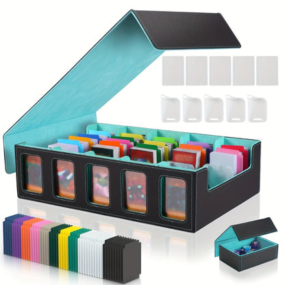 Trading Card Storage Box 5-Row with 24 Colored Dividers, 5 Card Sleeves & 5 Grid Boards – Card Organizer for Pokemon MTG Yu-Gi-Oh Sports