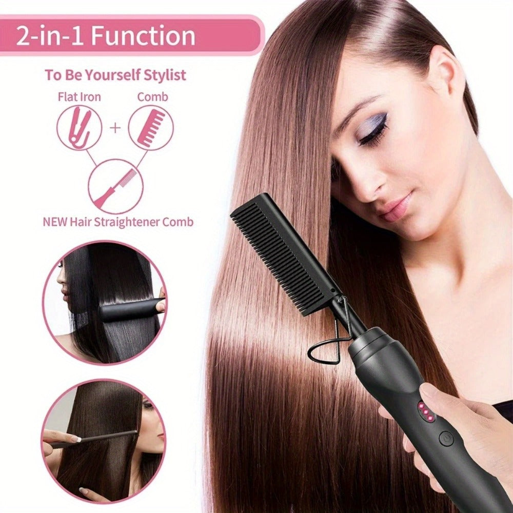 Electric Hot Comb Hair Straightener Ceramic Copper Heating Plate Portable Heat Press Comb for Home, Travel and Salon Hair Styling
