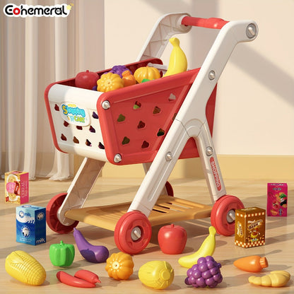 Kids Pretend Play Shopping Cart Toy Set with Realistic Food & Grocery Accessories, Supermarket Role Play for Toddlers Girls Boys Ages 3+