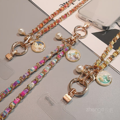 Metal Chain Phone Crossbody Strap Painted Fabric Long Lanyard Fashionable Disc Button Shoulder Phone Strap