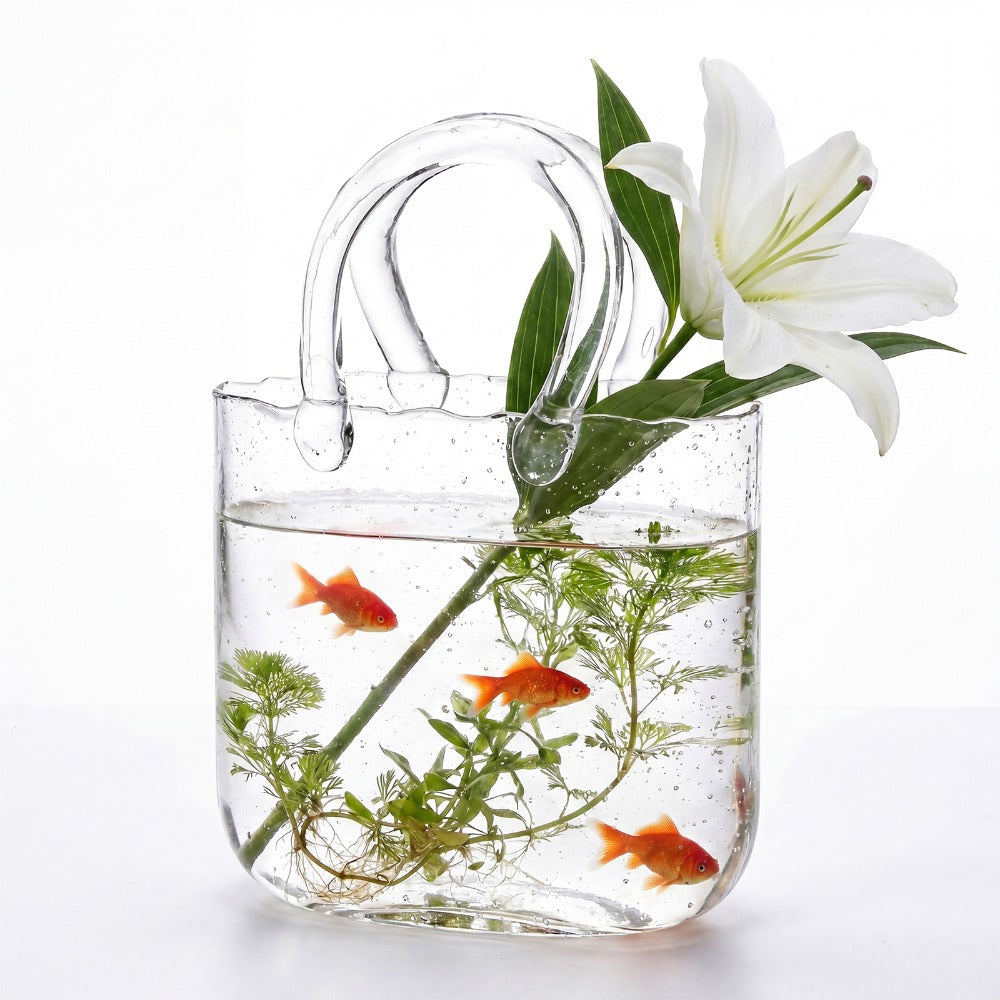 Clear Bubble Glass Purse Vase with Handbag Handles, 1- or 2-Piece Set and 10.4-Inch Height