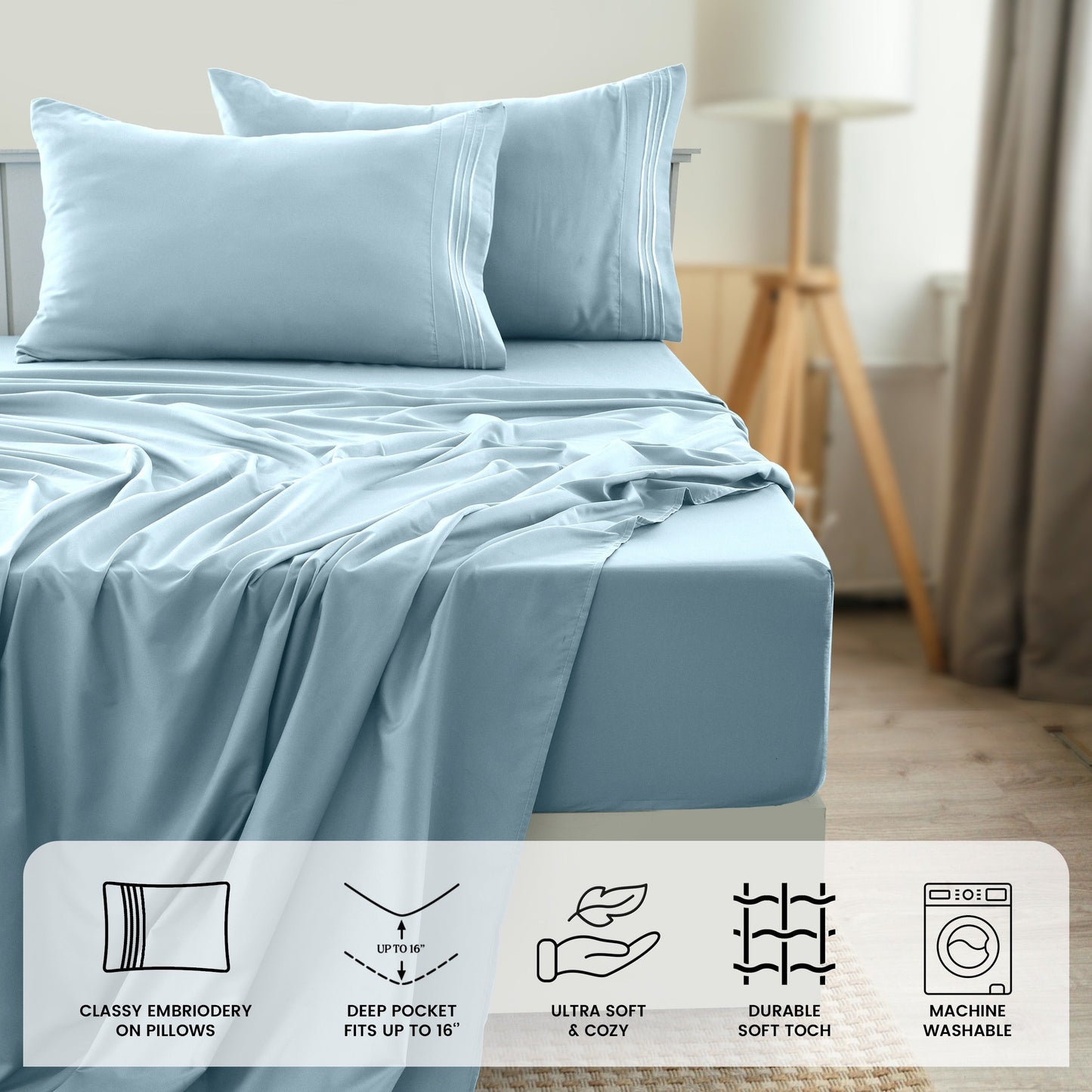Fitted Sheet Set 6-Piece Brushed Polyester Deep Pocket Bed Sheets 20 Colors Hotel Luxury Bedding with Embroidered Pillowcases