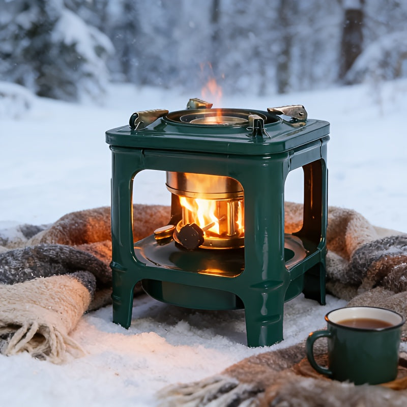 Military Green Kerosene Camping Stove with Pot Supports and Adjustable Wick Control, 740g Outdoor-Only Cooking Unit