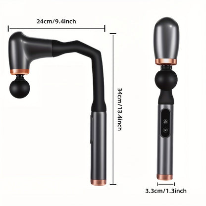 U-Shaped Massage Gun with Four Pictured Heads, 6-Level and 3-Mode Labels, Grey Finish and Long-Reach Housing
