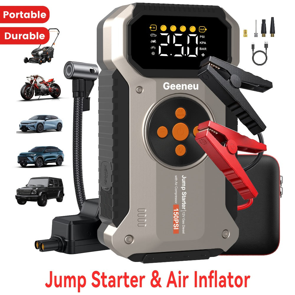 5000A Peak Jump Starter with Air Compressor 150PSI Digital Tire Inflator for 12V Gas Diesel Vehicles – Portable Car Battery Booster USB