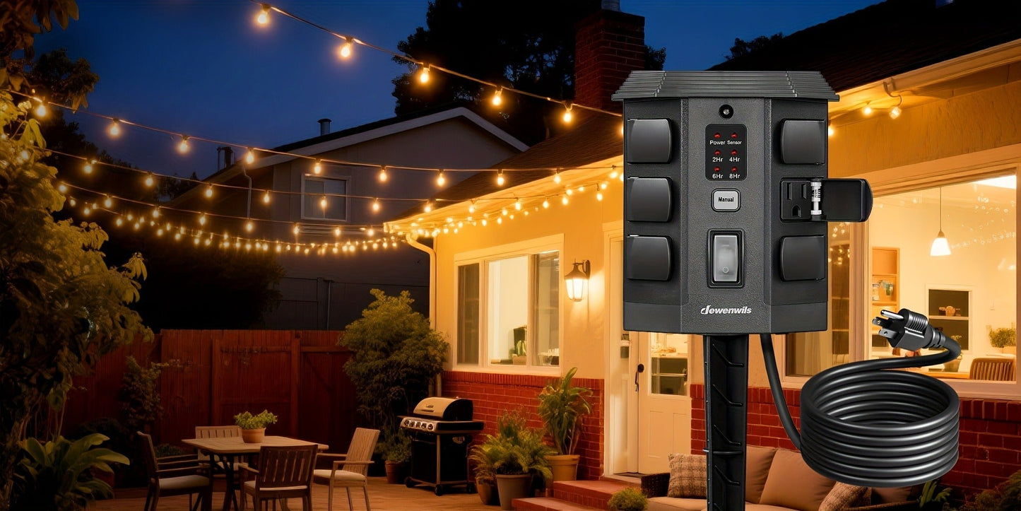 Outdoor Power Stake Timer 6 Outlet, 100FT Wireless Remote Control, Dusk to Dawn Photocell Sensor