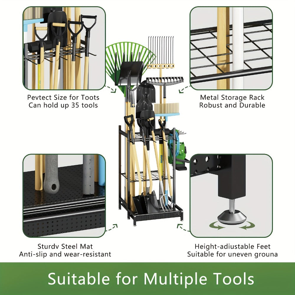 Garden Tool Organizer for Garage, Metal Yard Tool Storage Rack with Hooks & Wheels for Long-Handled Tools