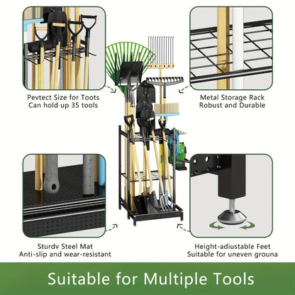 Garden Tool Organizer for Garage, Metal Yard Tool Storage Rack with Hooks & Wheels for Long-Handled Tools