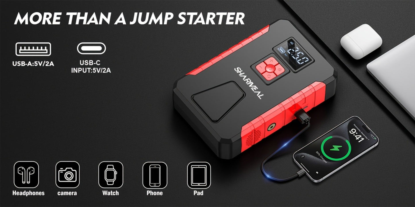 Portable Jump Starter with Air Compressor – 15000A-19000A Peak 350PSI 12V 17-in-1 Car Battery Jump Starter, Digital Display