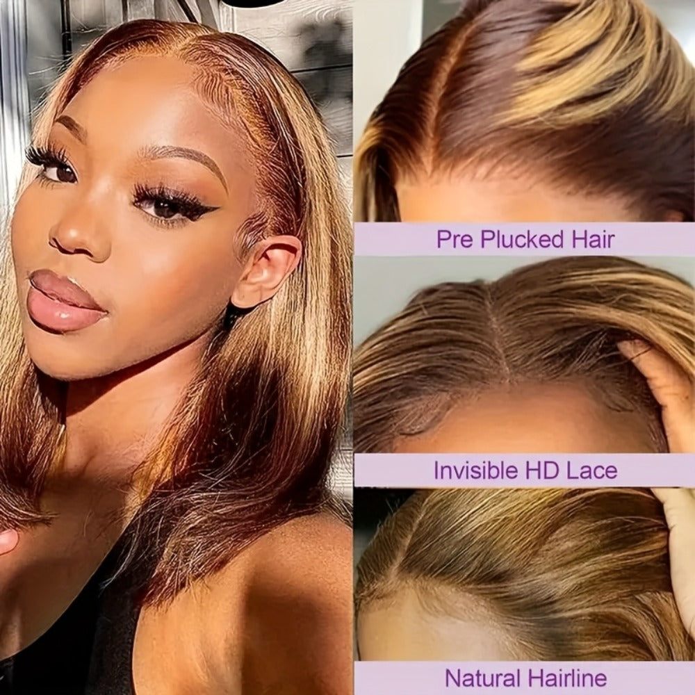 Lace Front Wig P4/27 Honey-Highlight Straight Bob, 8-14 Inch Human Hair with 5x1 Front and 180% Density