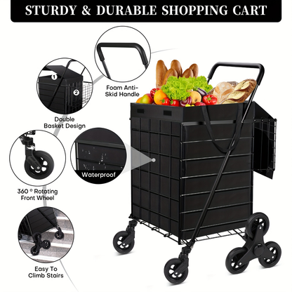 Stair Climbing Cart 8 Wheels 100 LBS Capacity Collapsible Utility Cart Foldable Grocery Dolly with Dual Basket Stainless Steel Frame