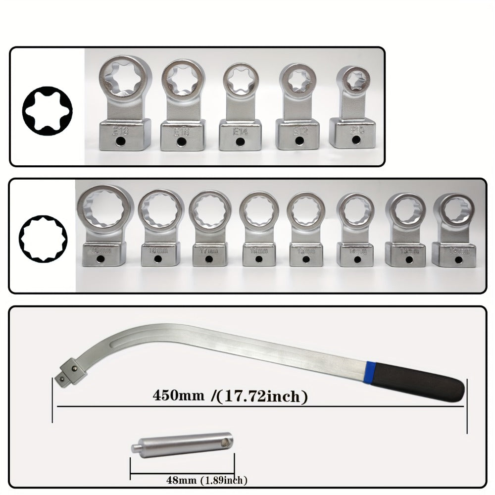 Serpentine Belt Tensioner Pulley Tool Kit – 15-Piece Universal Set with Curved Wrench, Torx & 12-Point Adapters for Engine Timing Belt