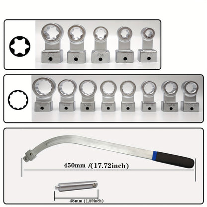 Serpentine Belt Tensioner Pulley Tool Kit – 15-Piece Universal Set with Curved Wrench, Torx & 12-Point Adapters for Engine Timing Belt