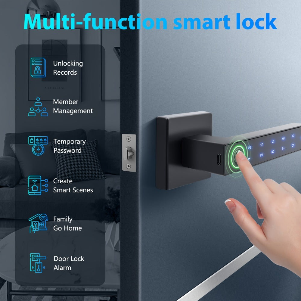 Smart Door Lock Black Lever with Fingerprint Keypad IC Card App Key and Left Right Hand Setup