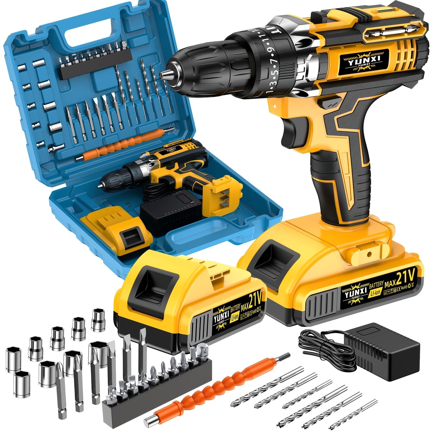 Cordless Impact Drill Set 21V, Electric Power Drill with 2.0Ah Battery, Fast Charger, Screwdriver Bits
